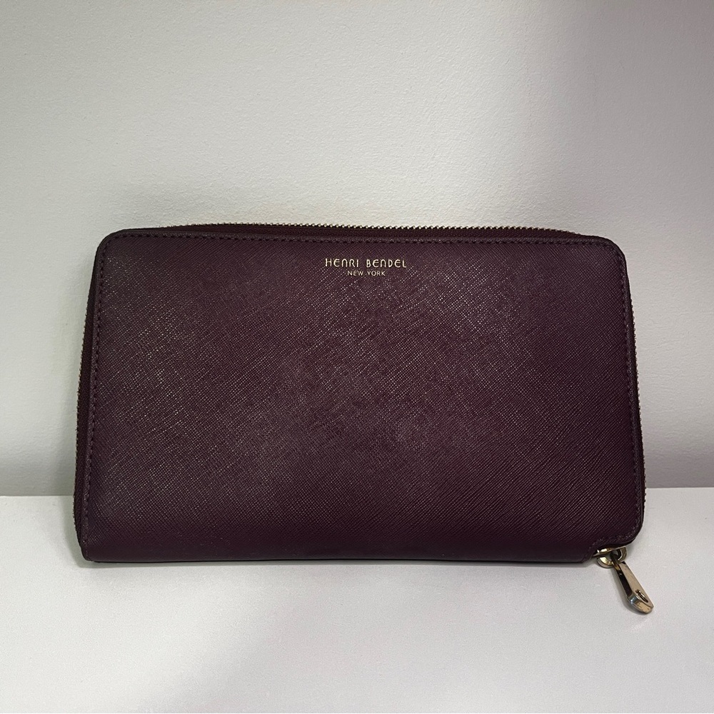 Henri Bendel West 57th Zip Around Continental Wallet Port Brown Saffiano Leather - Picture 2 of 8